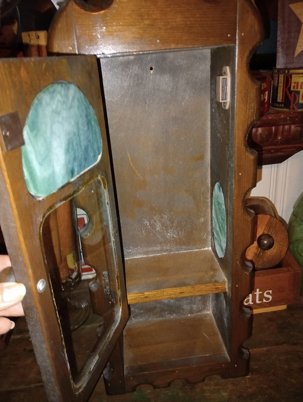Vintage Wood Wall Spice/ Medicine Cabinet W/Glass Front & Stained Glass